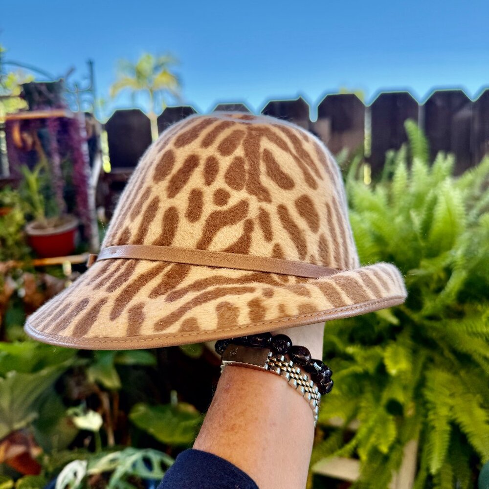 Helen Kaminski Animal Print 100% Wool & Leather Brim-up Cloche Hat
